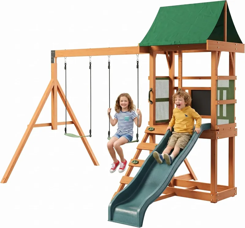 SunSwell Wooden Swing Sets for Backyard, Green